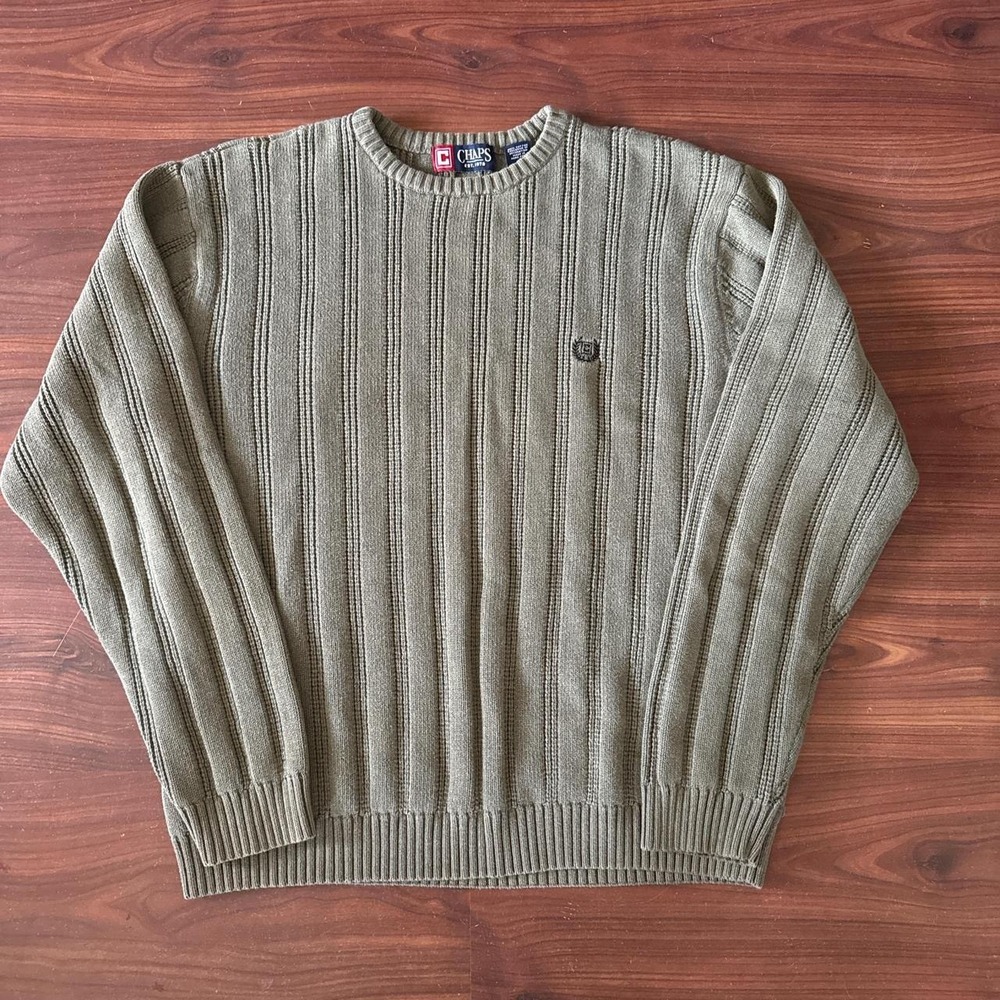 Chaps Mens Large Olive Green Ribbed Knit 100% Cotton Crewneck Sweater Pullover